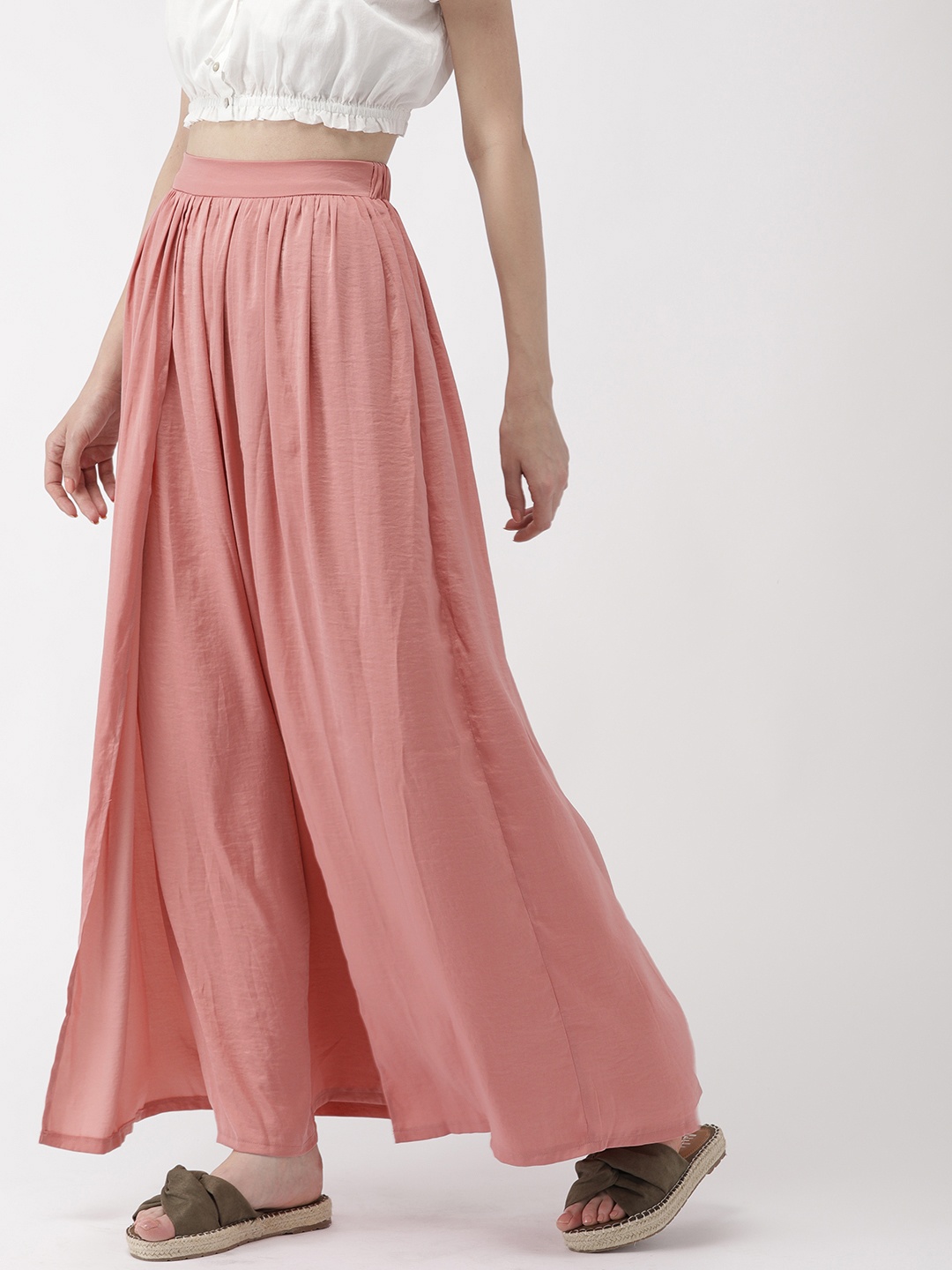 

FOREVER 21 Women Pink Solid Maxi Flared Skirt