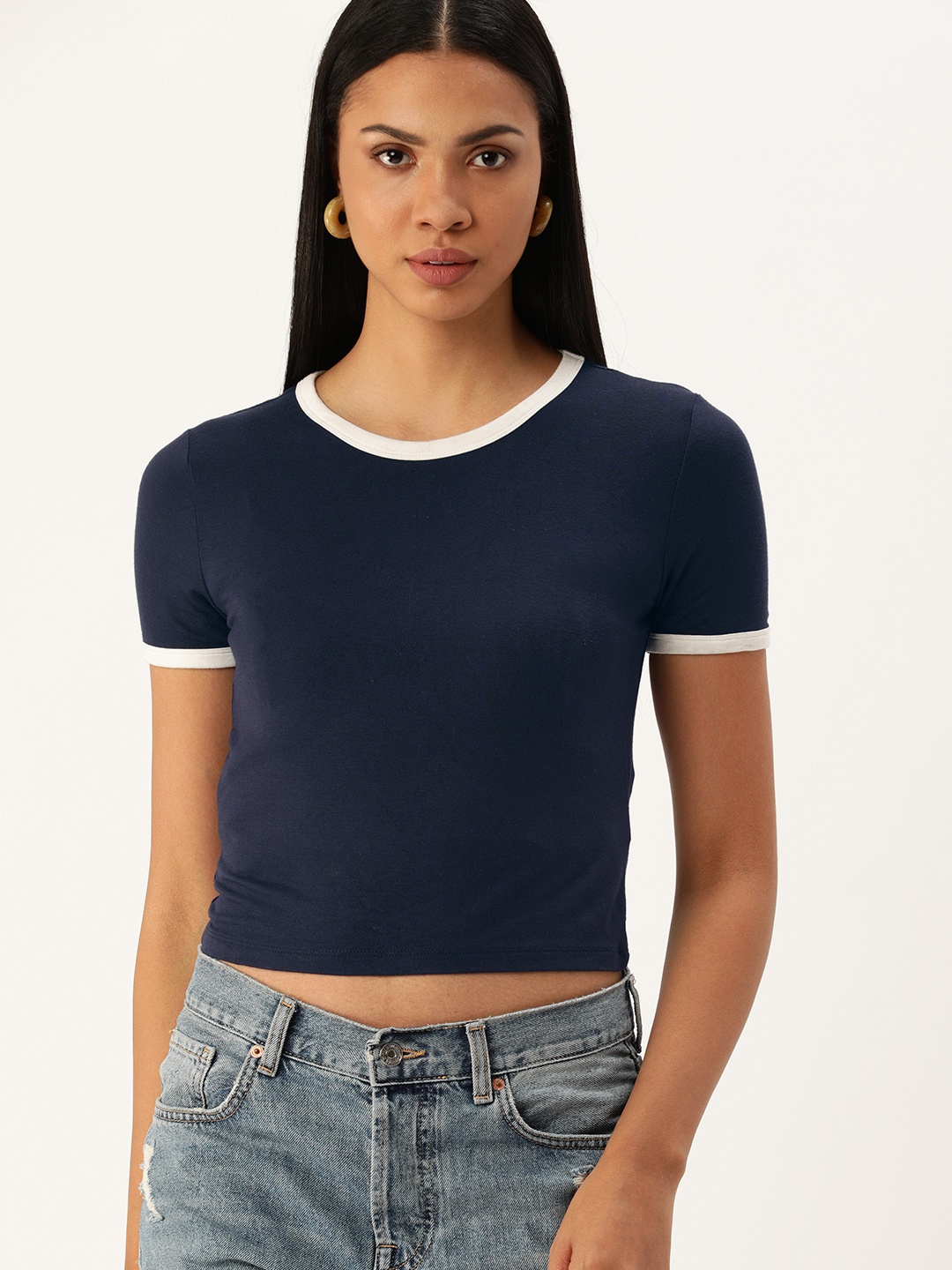 

FOREVER 21 Women Navy Blue Solid Round Neck Crop T-shirt