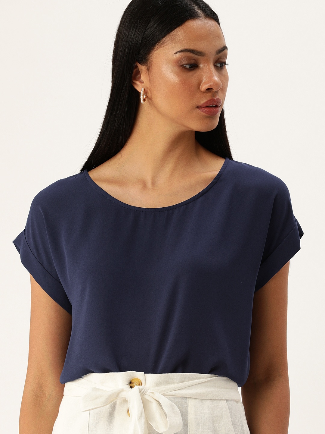 

FOREVER 21 Women Navy Blue Solid Semi-Sheer Top