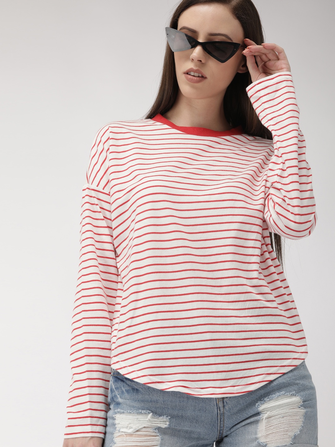 

FOREVER 21 Women White & Red Striped Round Neck T-shirt