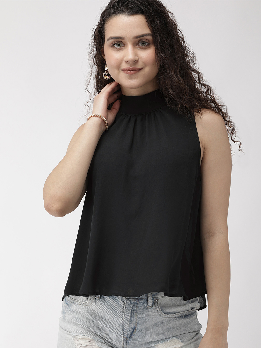 

FOREVER 21 Women Black Solid Top With Gathered Detail