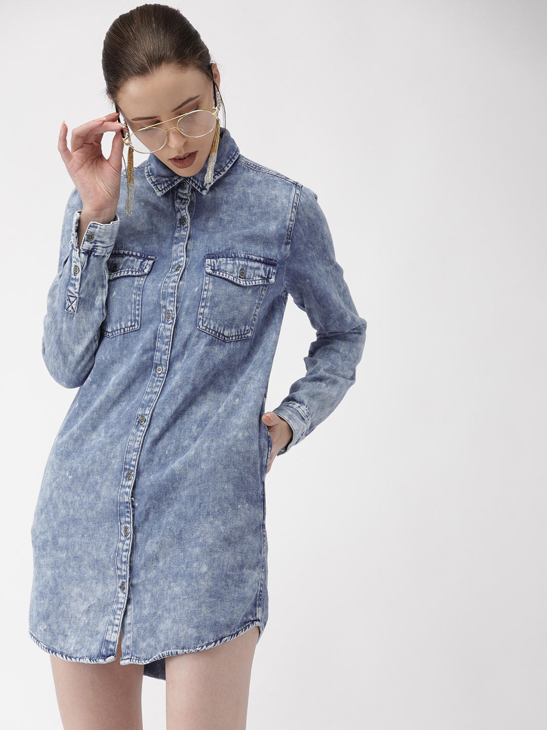 

FOREVER 21 Women Blue Solid Shirt Dress