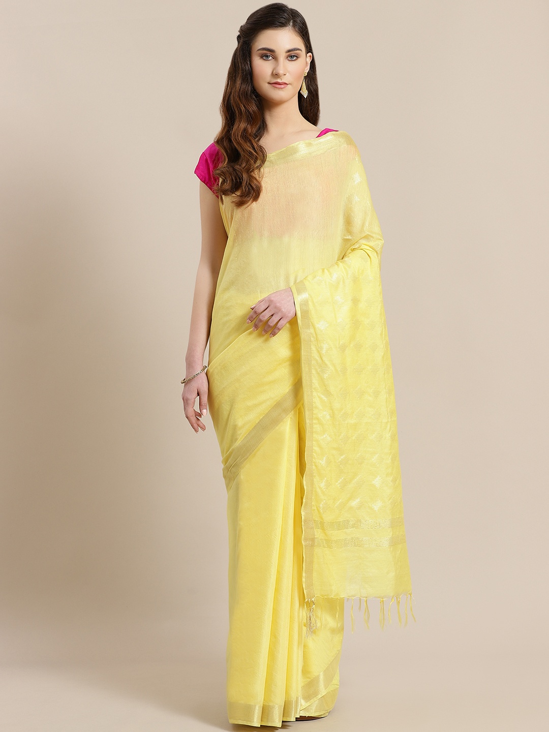 

Kalakari India Yellow & Golden Handwoven Solid Sustainable Saree