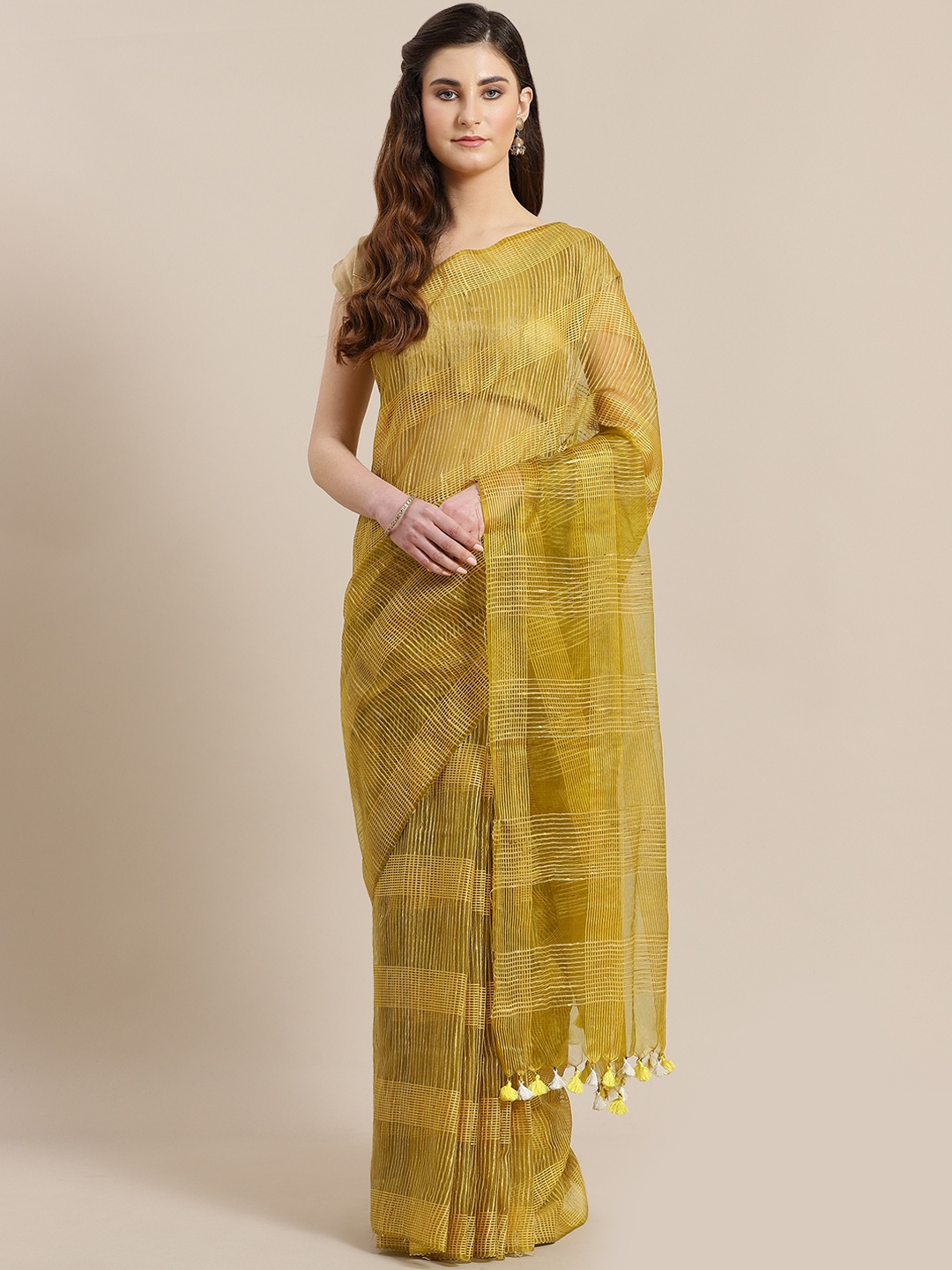 

Kalakari India Green & Mustard Yellow Self-Checked Handwoven Saree