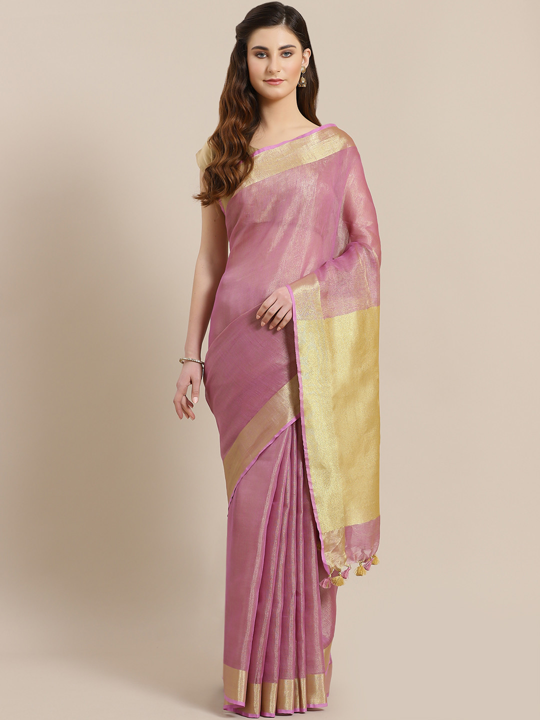 

Kalakari India Pink & Golden Handwoven Dual-Tone Saree