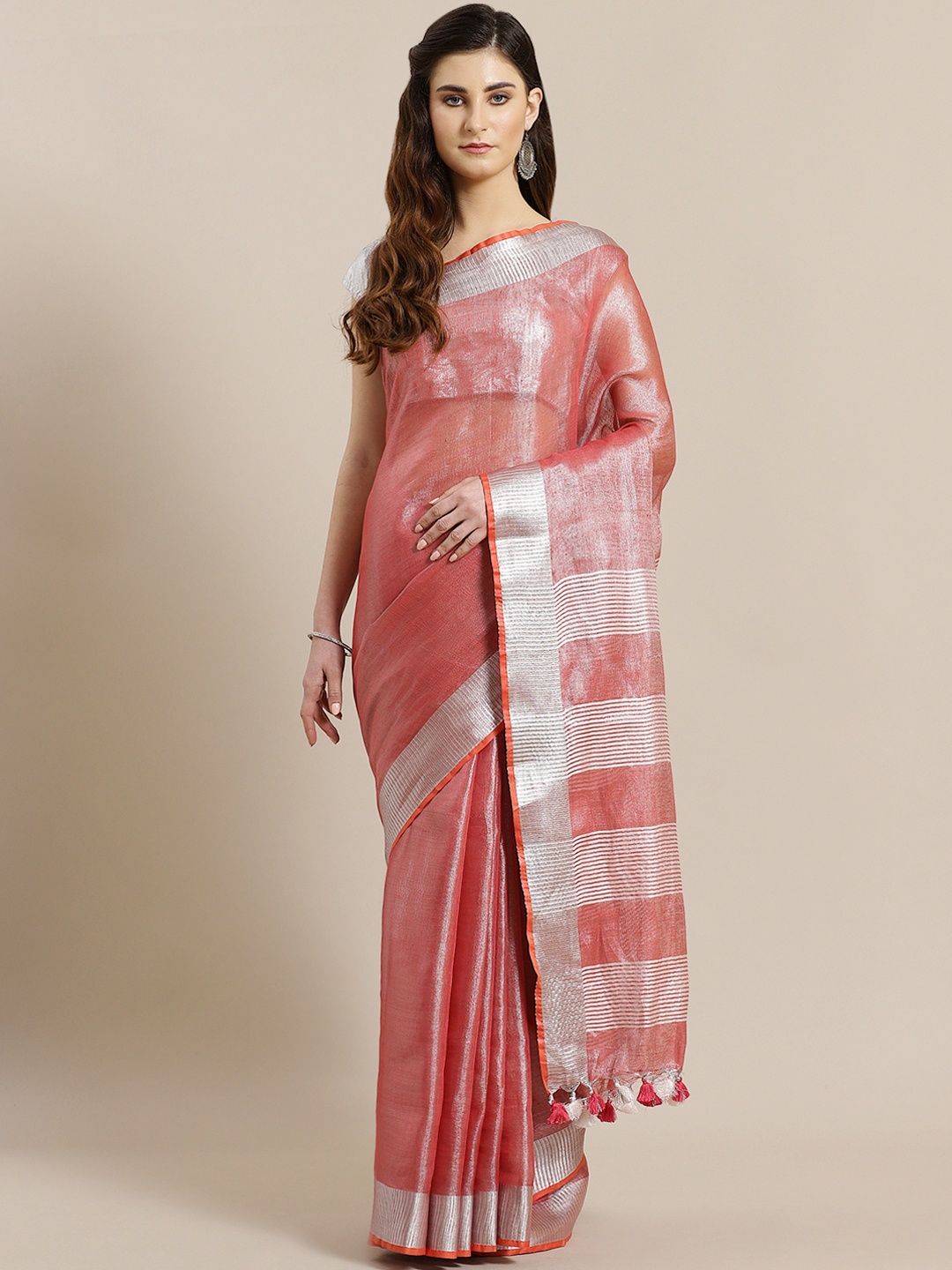 

Kalakari India Red & Silver Zari Handwoven Solid Sustainable Saree