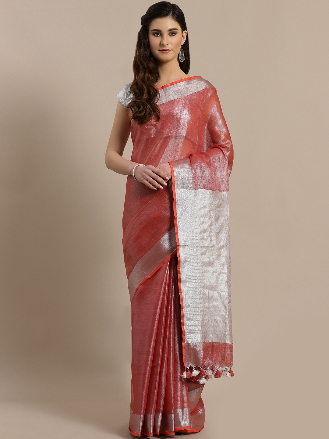 

Kalakari India Red & Silver Dual-Tone Handwoven Handcrafted Solid Sustainable Saree