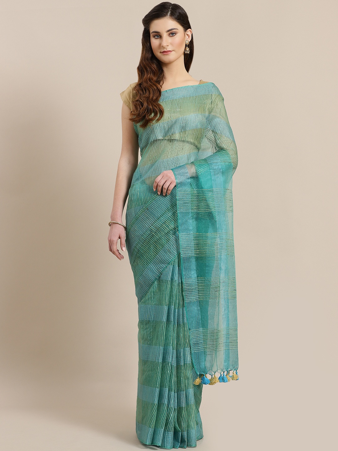 

Kalakari India Blue & Green Zari Handwoven Checked Saree