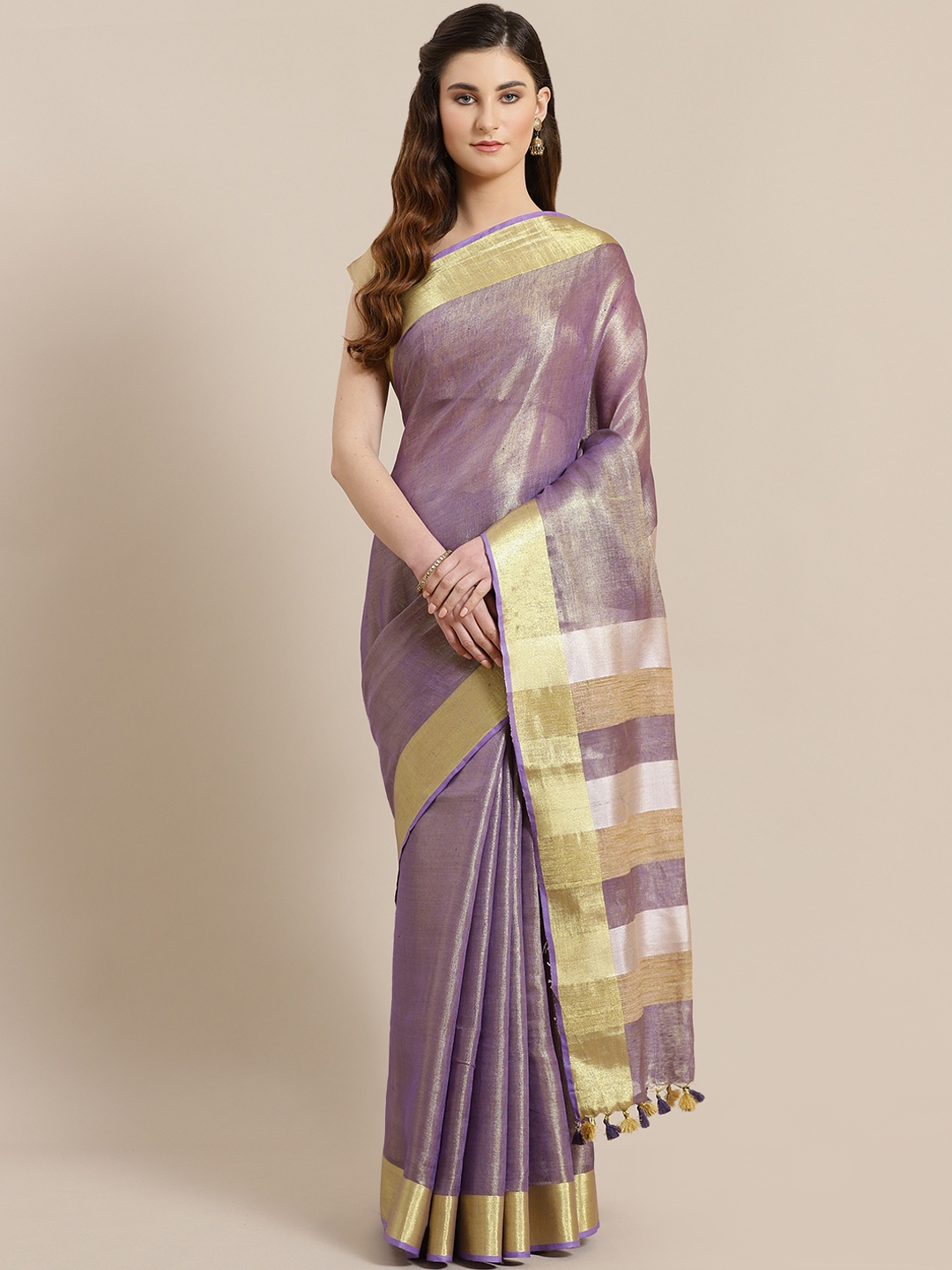 

Kalakari India Purple & Golden Dual Tone Solid Handwoven Sustainable Saree