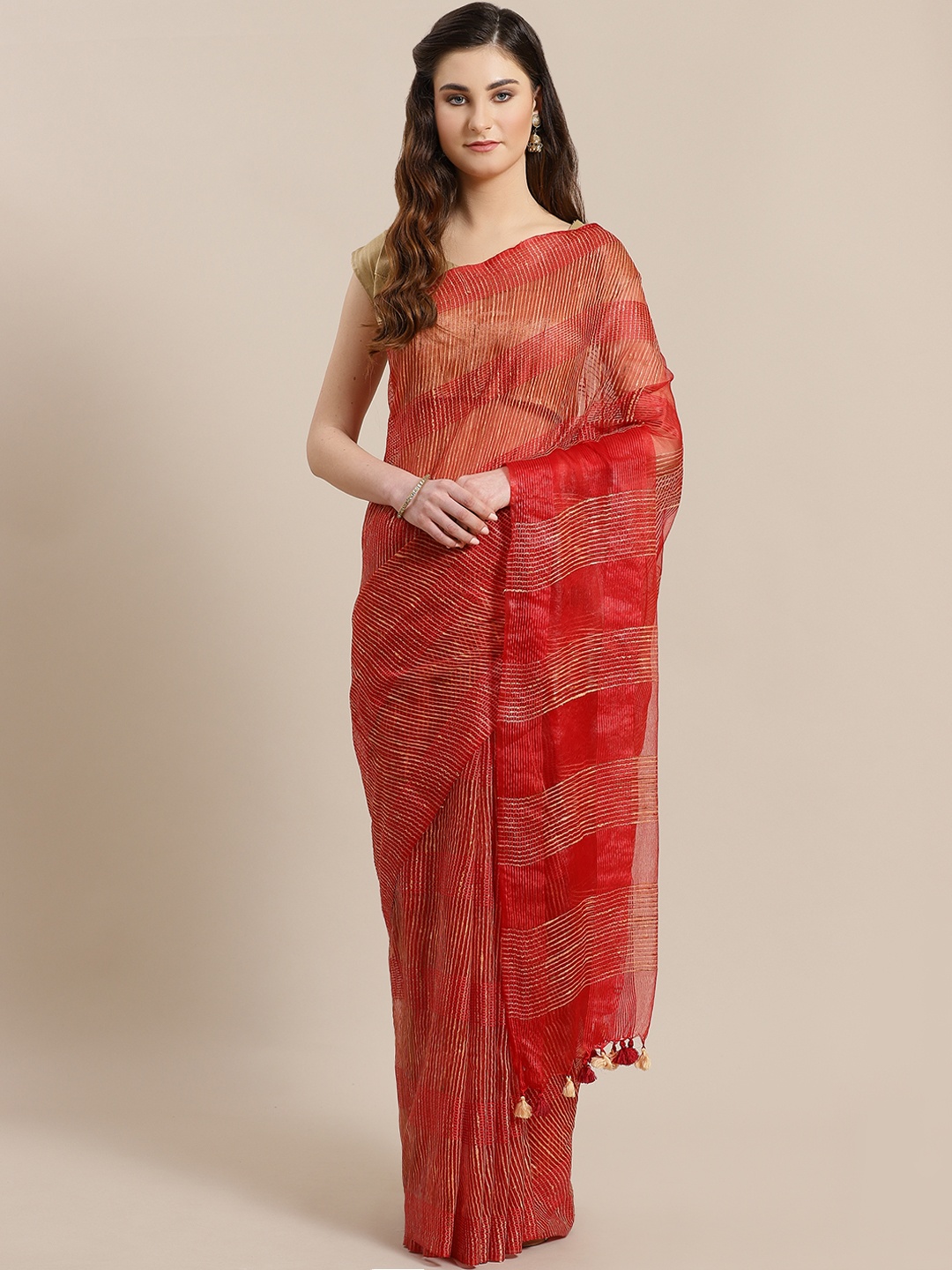 

Kalakari India Red & Beige Self-Checked Handwoven Sustainable Saree