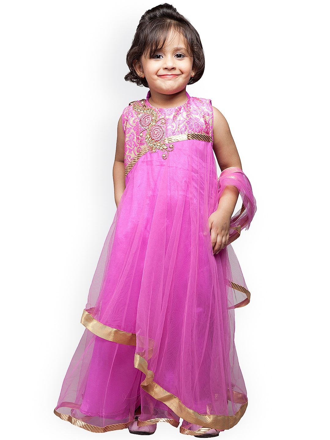 

StyleStone Girls Pink Brocade A-Line Churidar Kurta with Dupatta