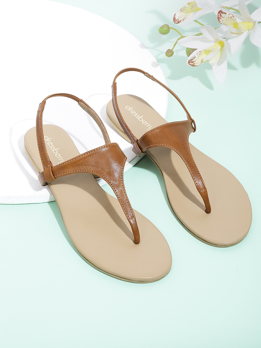 

DressBerry Women Brown Solid T-Strap Flats