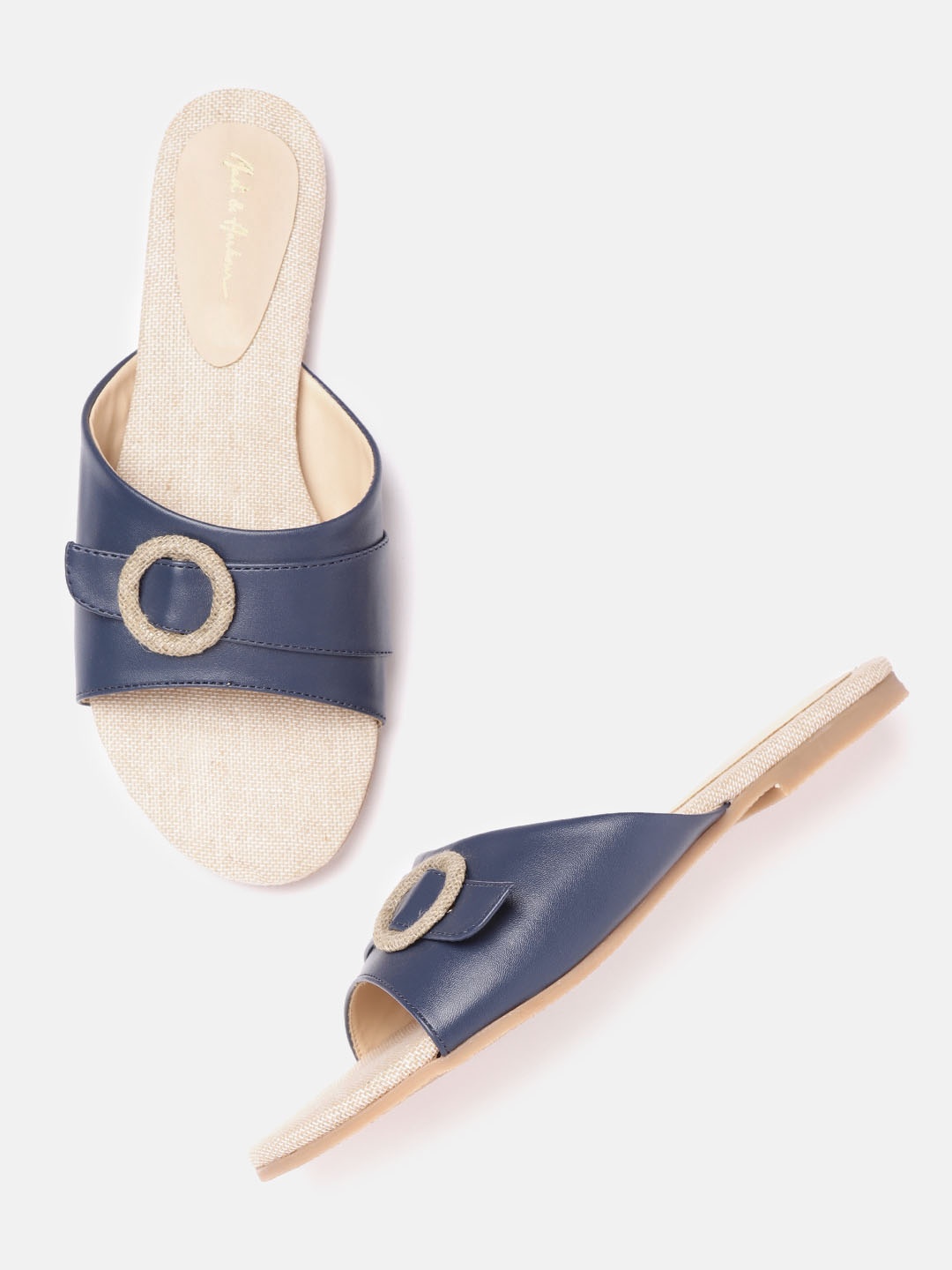 

Mast & Harbour Women Navy Blue Solid Open Toe Flats with Buckle Detail