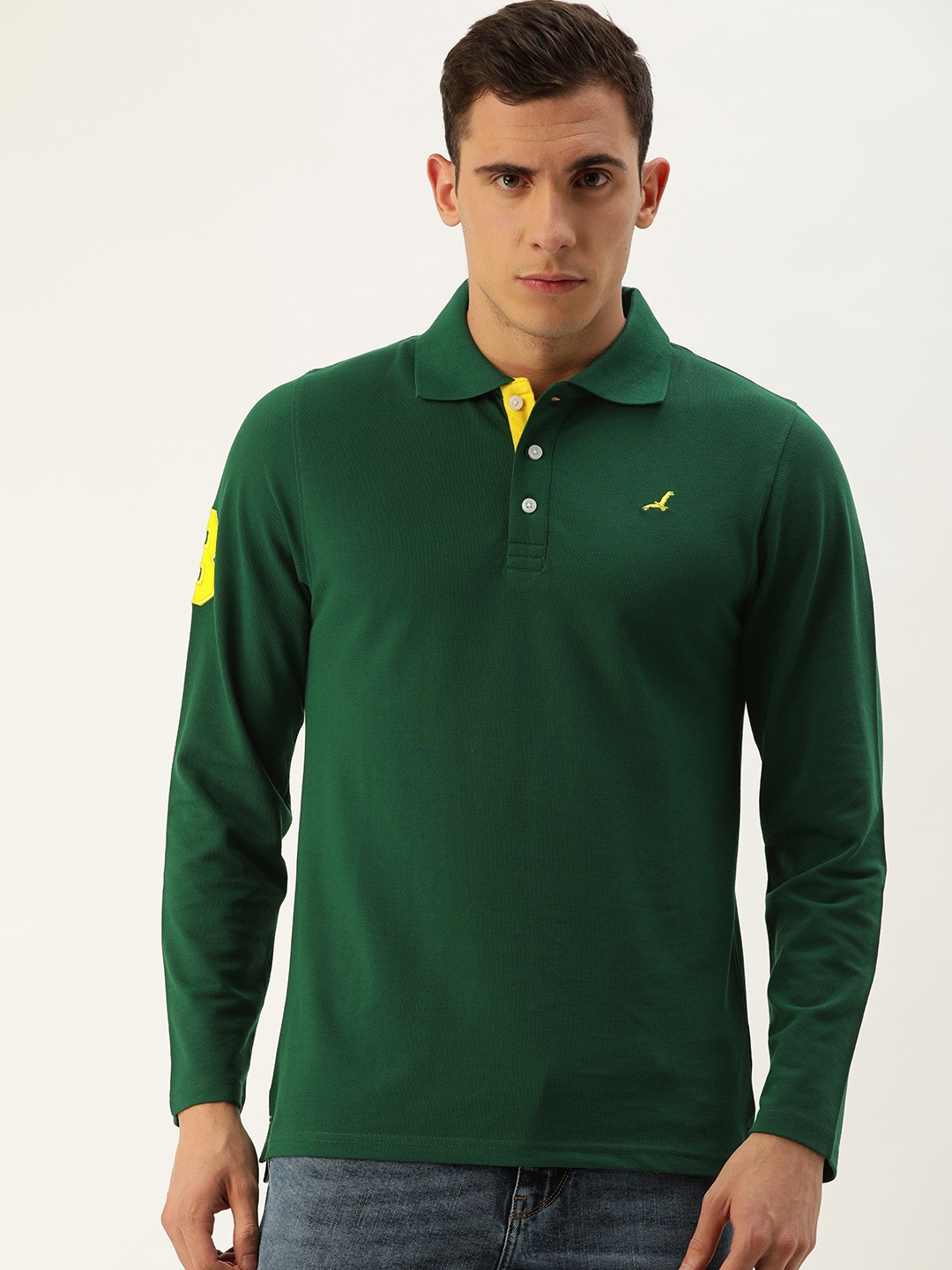 

American Crew Men Green Solid Polo Collar T-shirt with Applique Detail