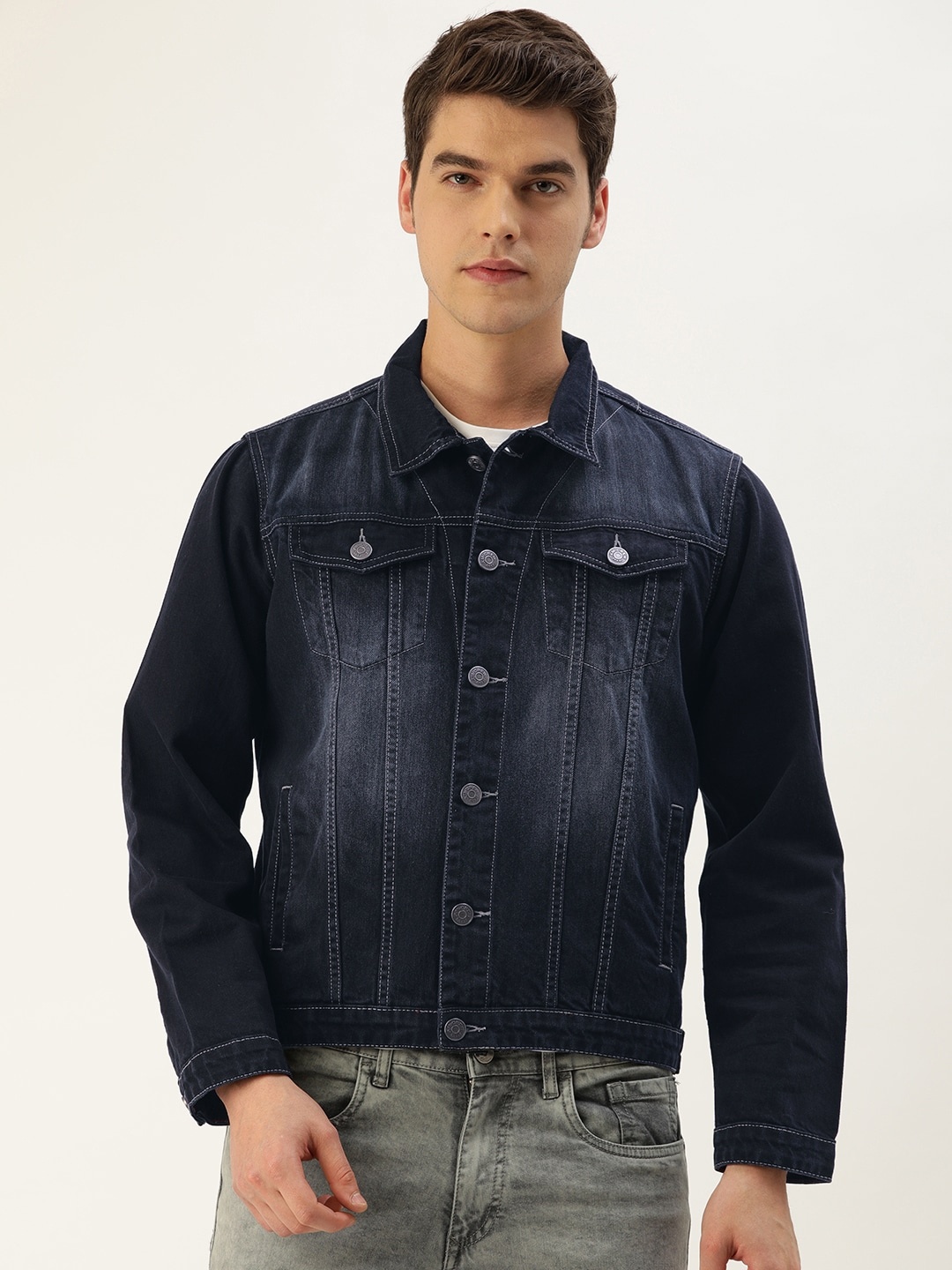 

American Crew Men Blue Regular Fit Washed Denim Jacket