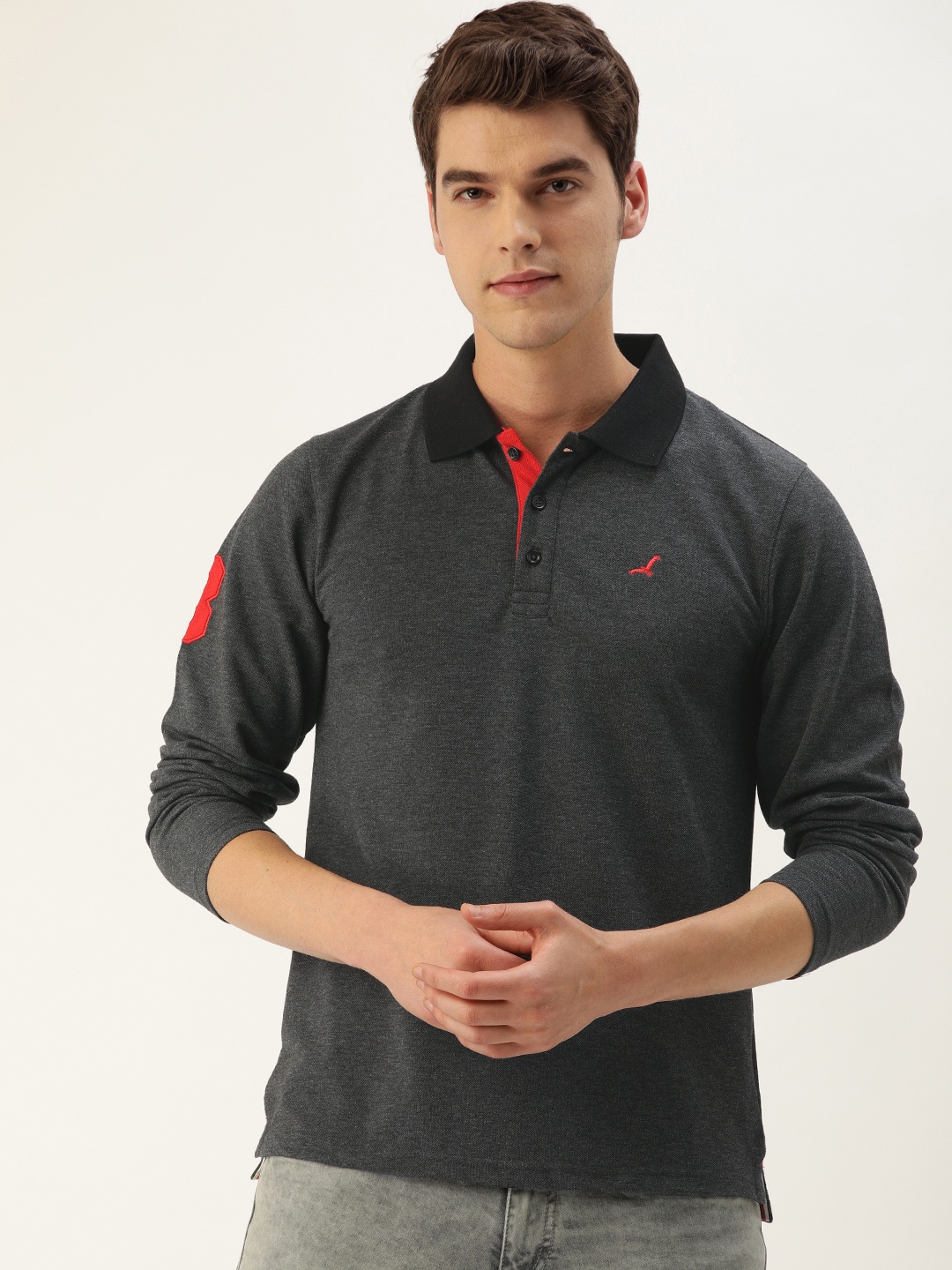 

American Crew Men Charcoal Grey Solid Polo Collar T-shirt with Applique Detail