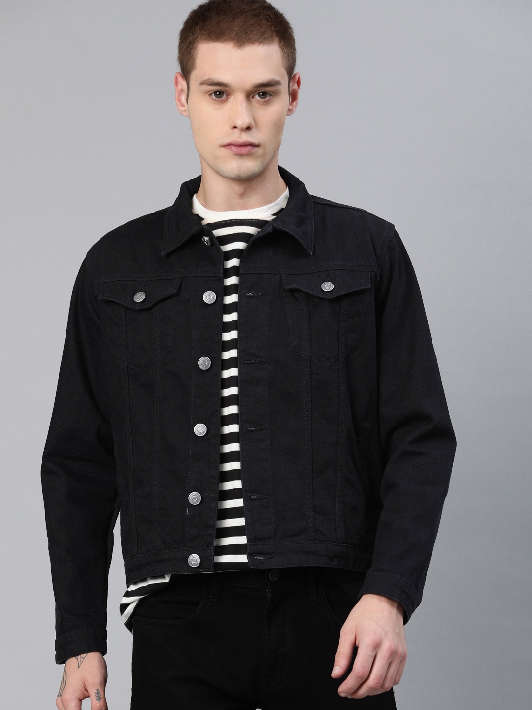

American Crew Men Black Solid Denim Jacket