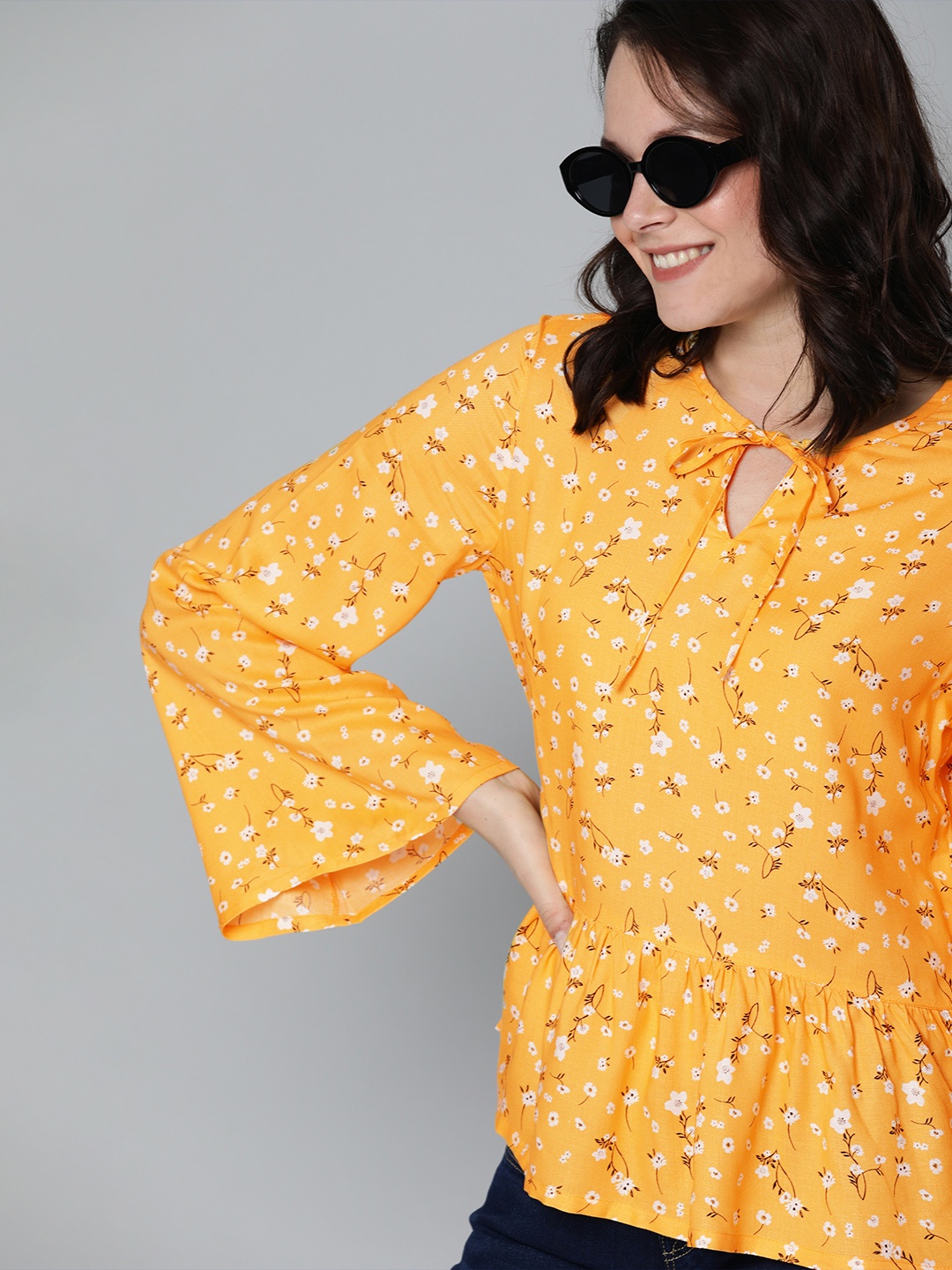 

HERE&NOW Women Yellow & White Floral Printed A-Line Top