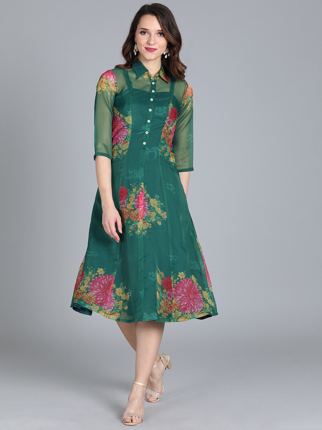 

EthnoVogue Women Green & Pink Printed Made to Measure Layered A-Line Dress