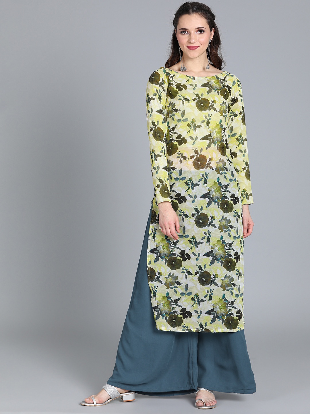 

Ethnovog Women Yellow Grey Printed Made To Measure Kurta with Palazzos