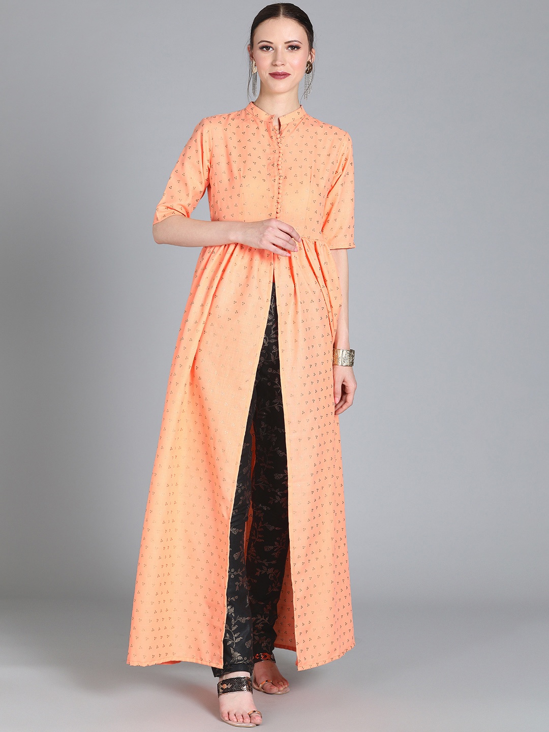 

Ethnovog Women Peach-Coloured Black Printed Kurta with Trousers
