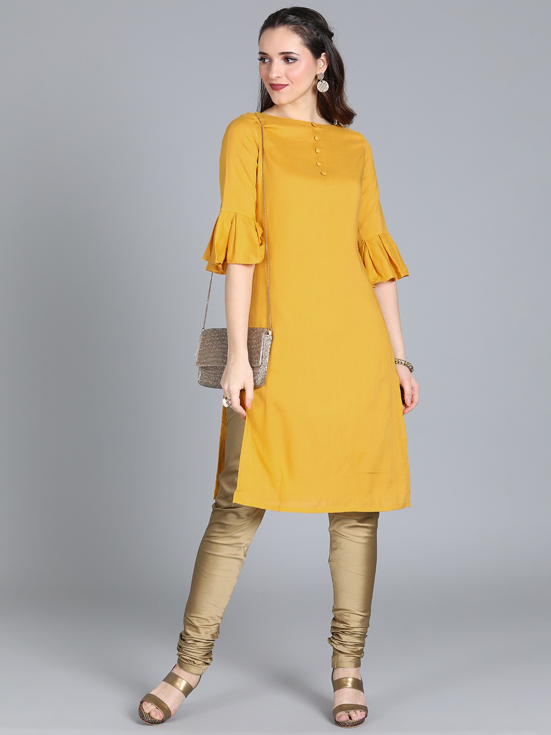 

Ethnovog Women Mustard Yellow Tencel Boat Neck Kurti