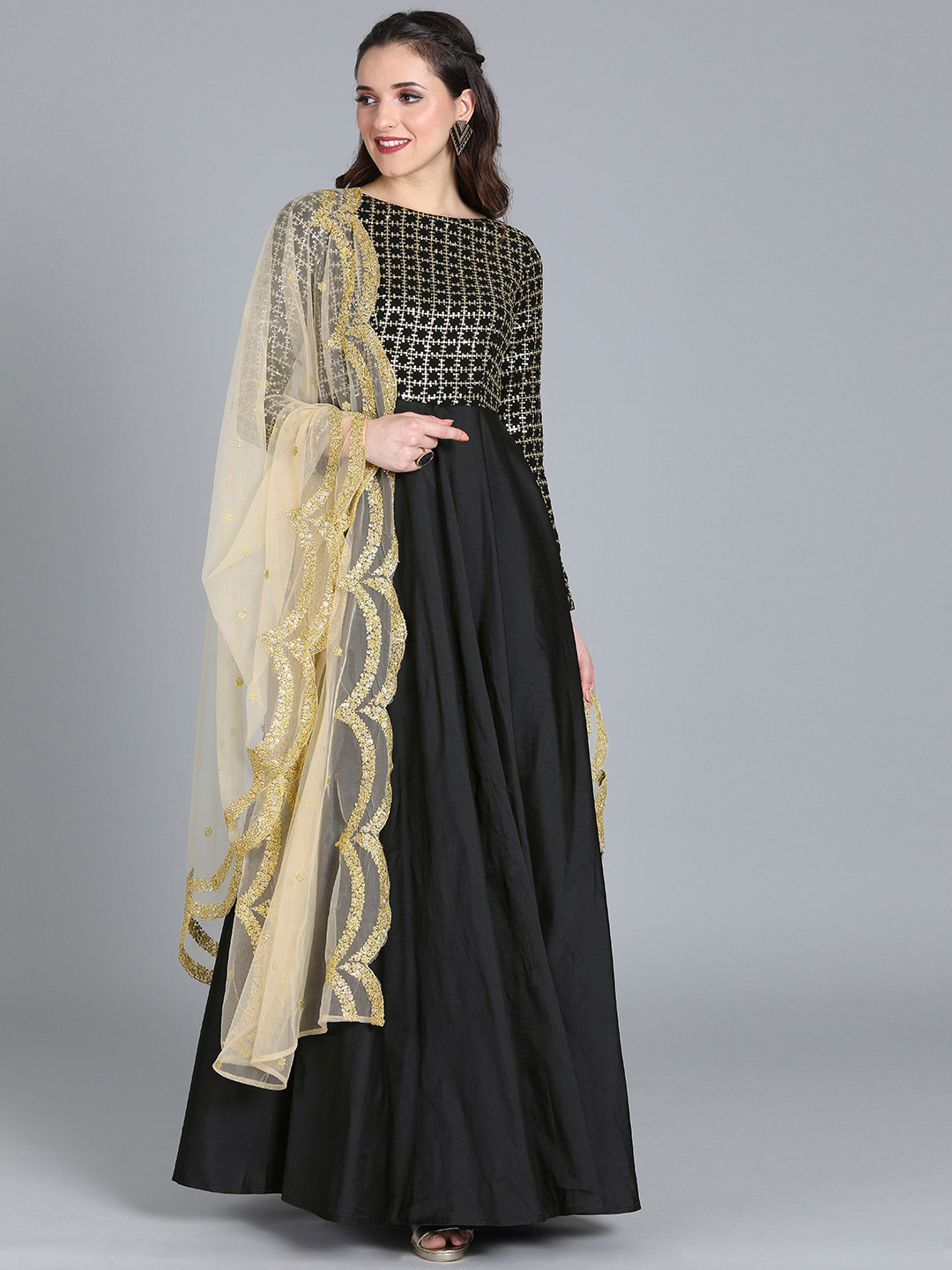 

Ethnovog Women Black Golden Embellished Made To Measure Maxi Dress With Dupatta