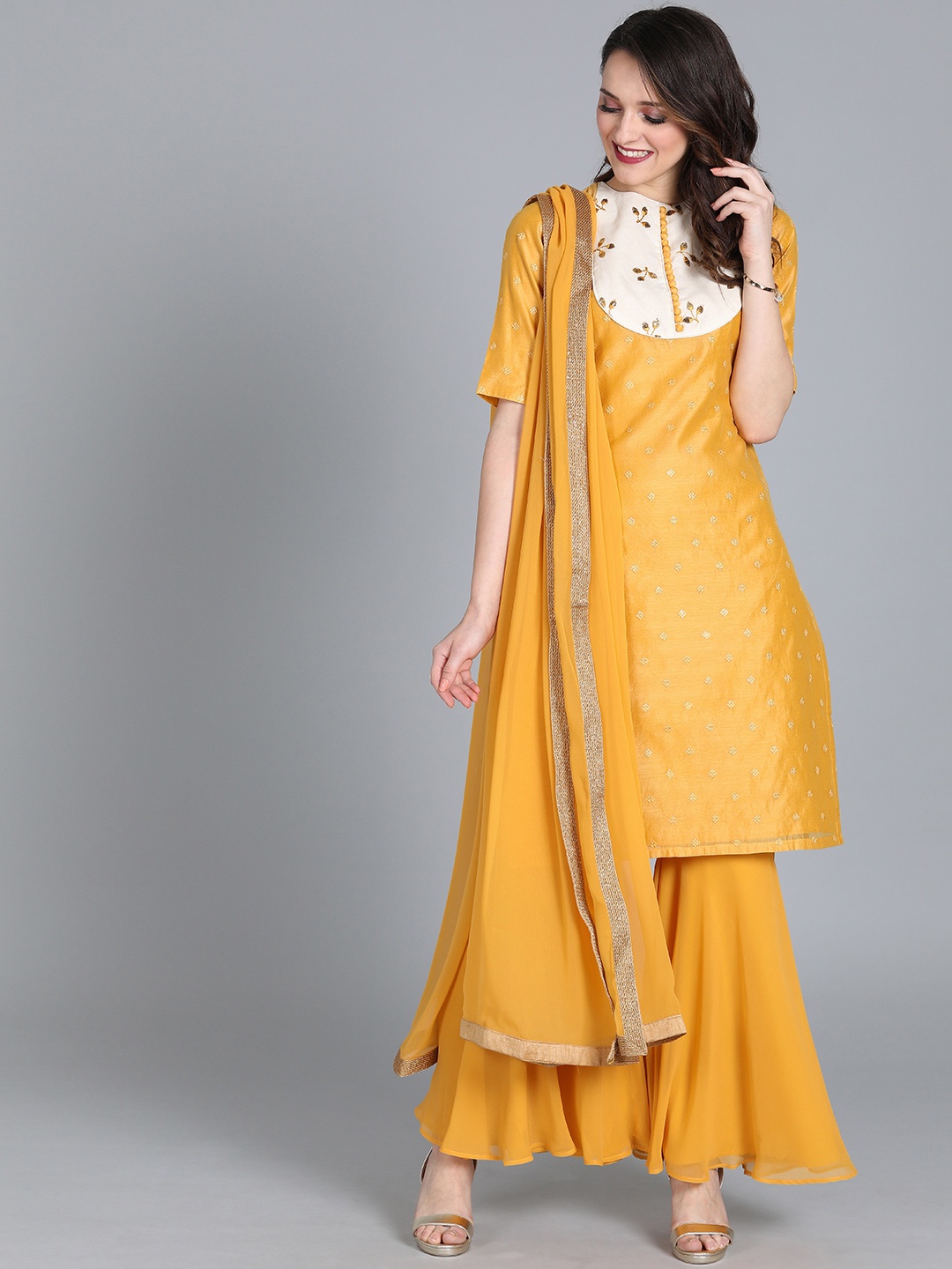 

Ethnovog Women Mustard Yellow White Made to Measure Kurta with Sharara Dupatta