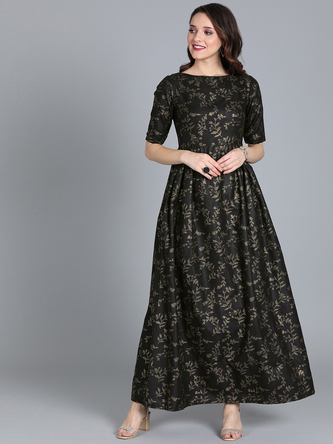 

Ethnovog Women Black Gold Printed Made to Measure Maxi Dress