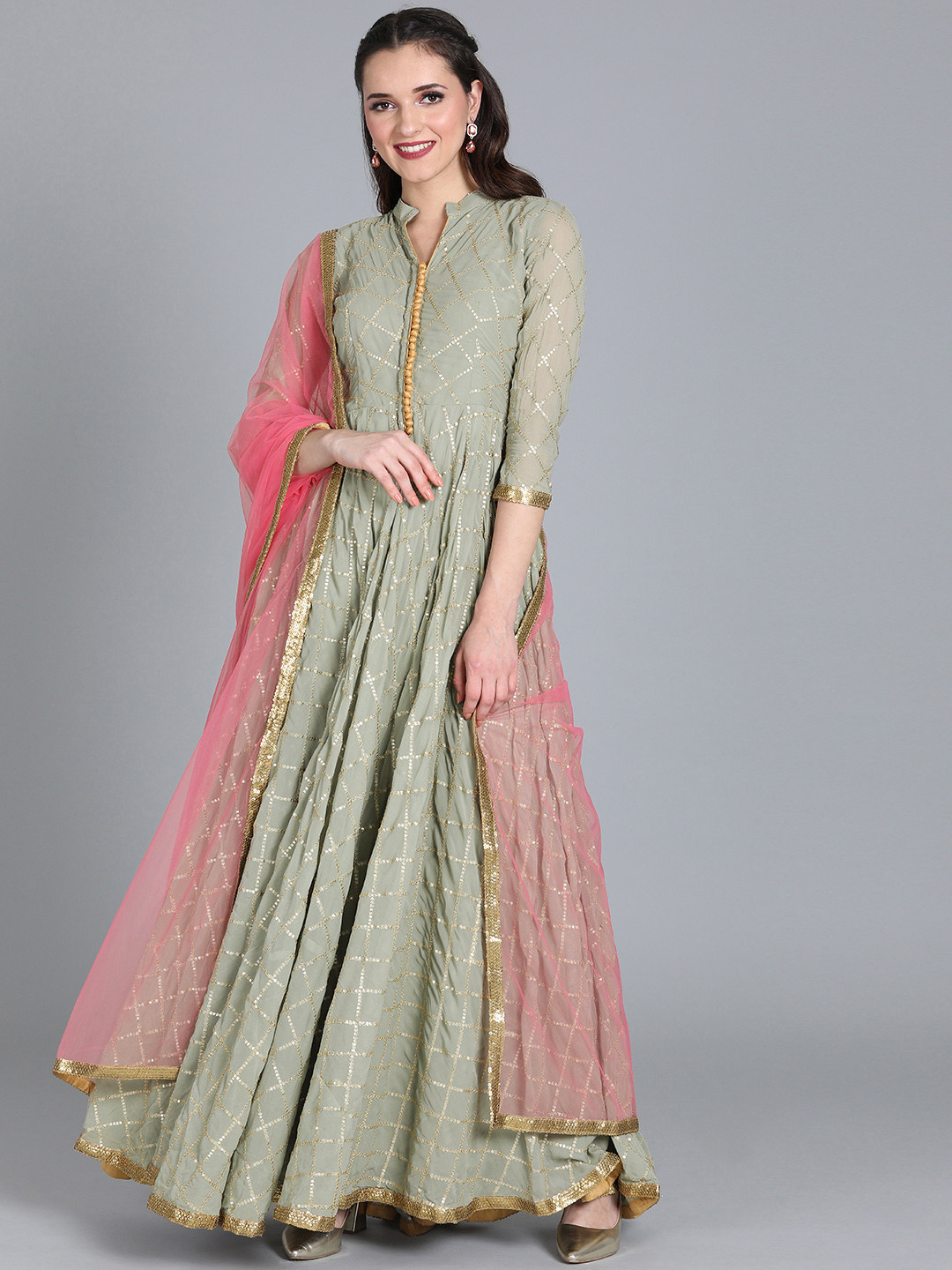 

Ethnovog Women Green Pink Made to Measure Anarkali Kurta with Churidar Dupatta