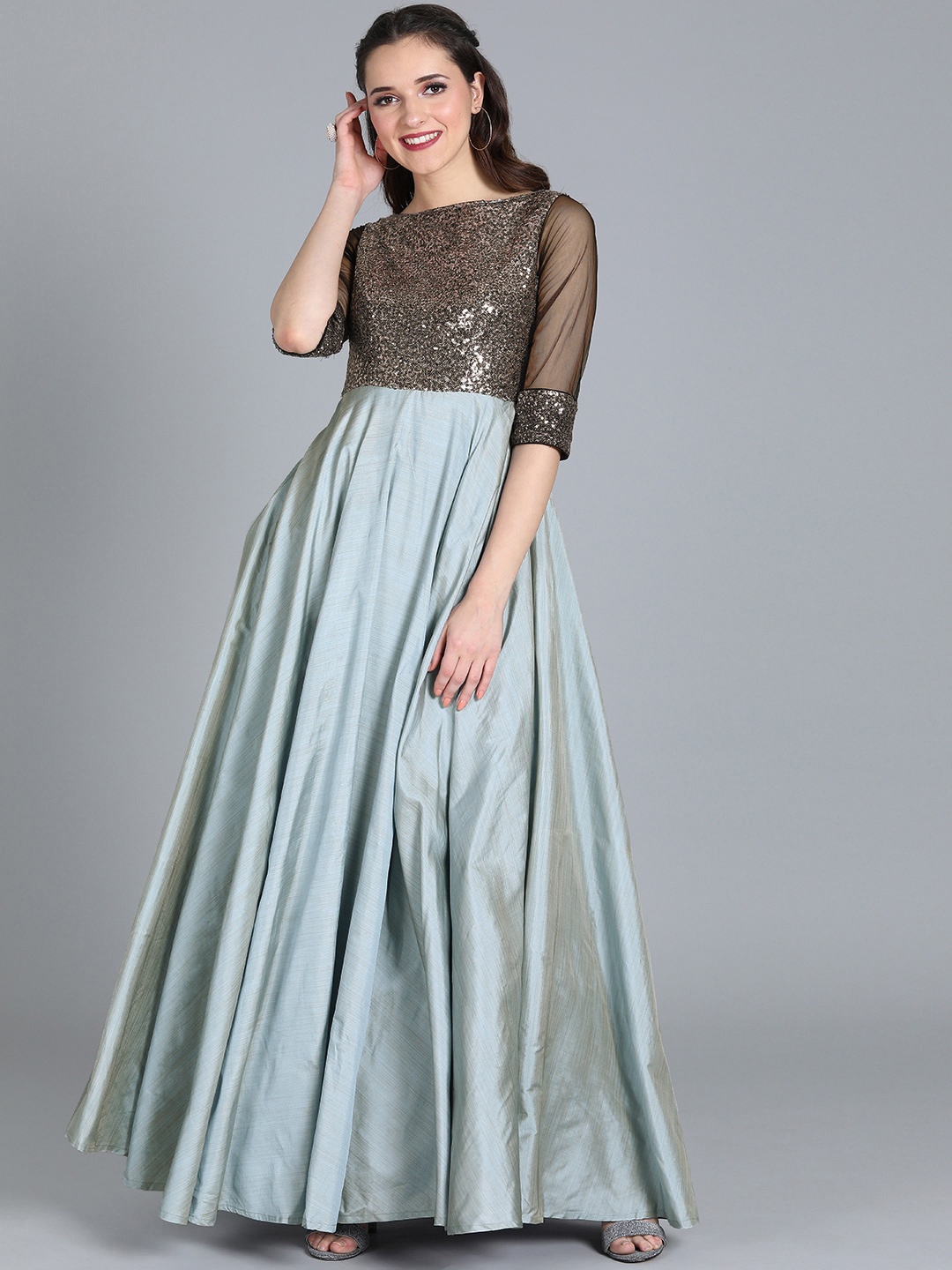 

Ethnovog Women Grey Gunmetal-Toned Embellished Made To Measure Maxi Dress