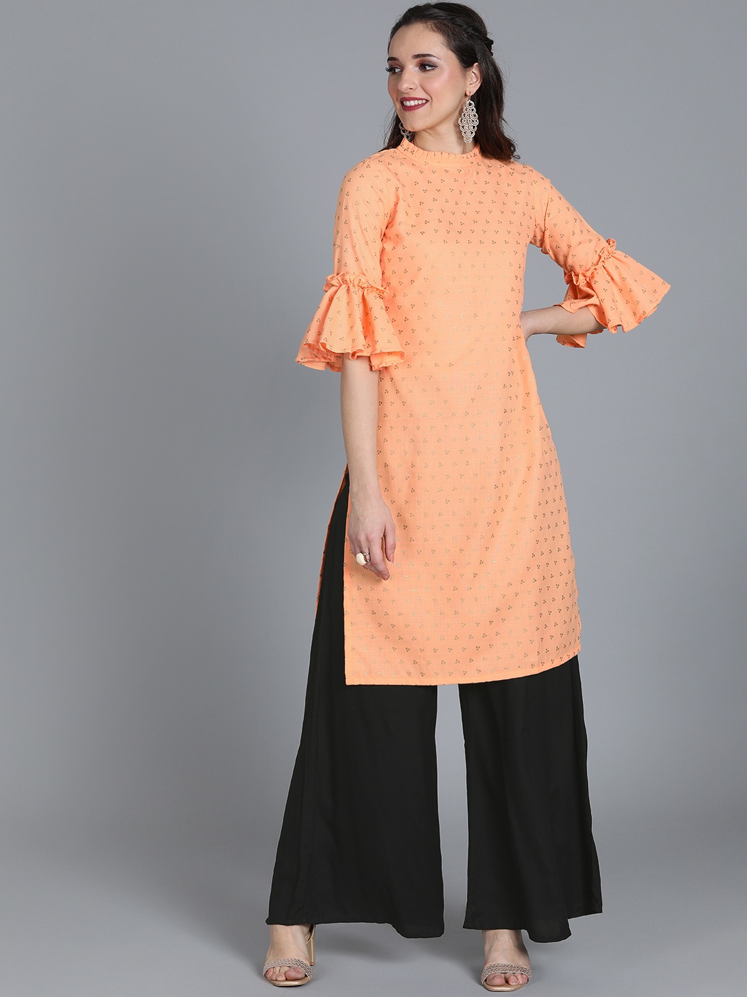 

Ethnovog Women Peach-Coloured Black Printed Made To Measure Kurta with Palazzos