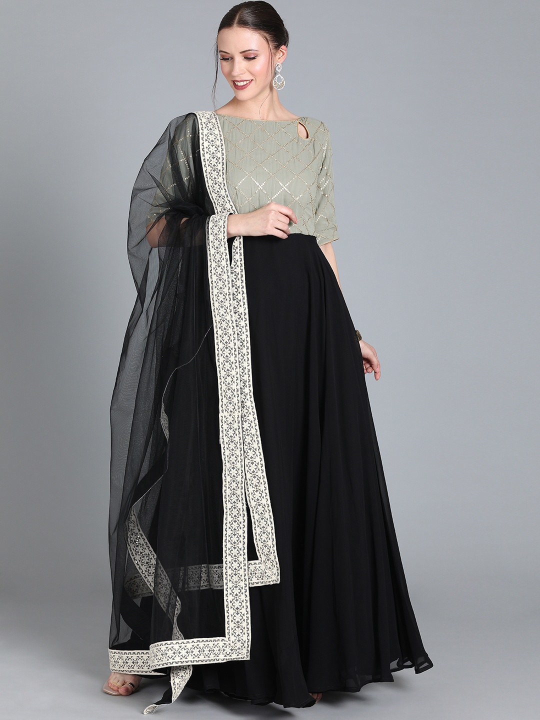 

Ethnovog Women Black Sea Green Made to Measure Kurta with Churidar Dupatta