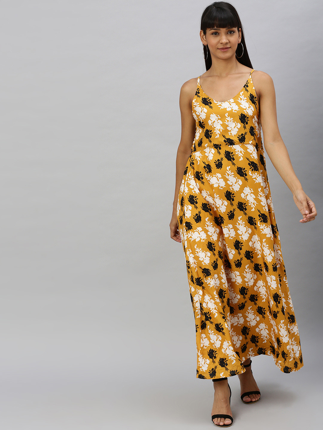 

HERE&NOW Women Mustard Yellow & Black Printed Maxi Dress