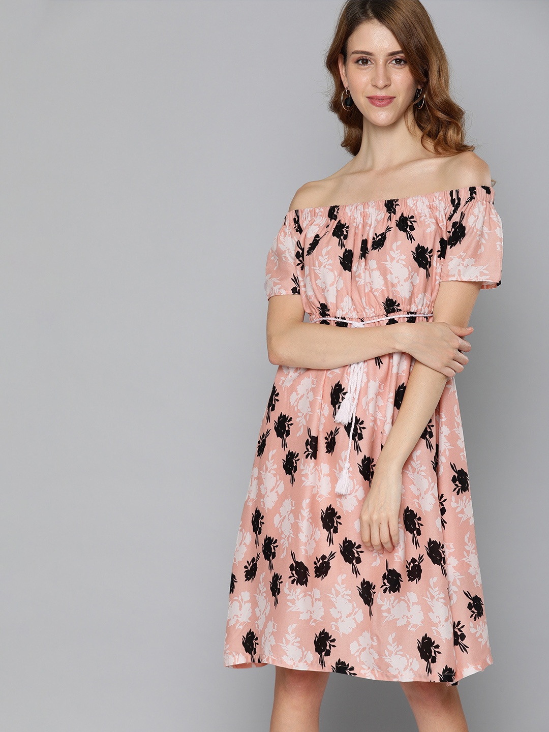 

HERE&NOW Women Pink & White Printed Fit and Flare Dress