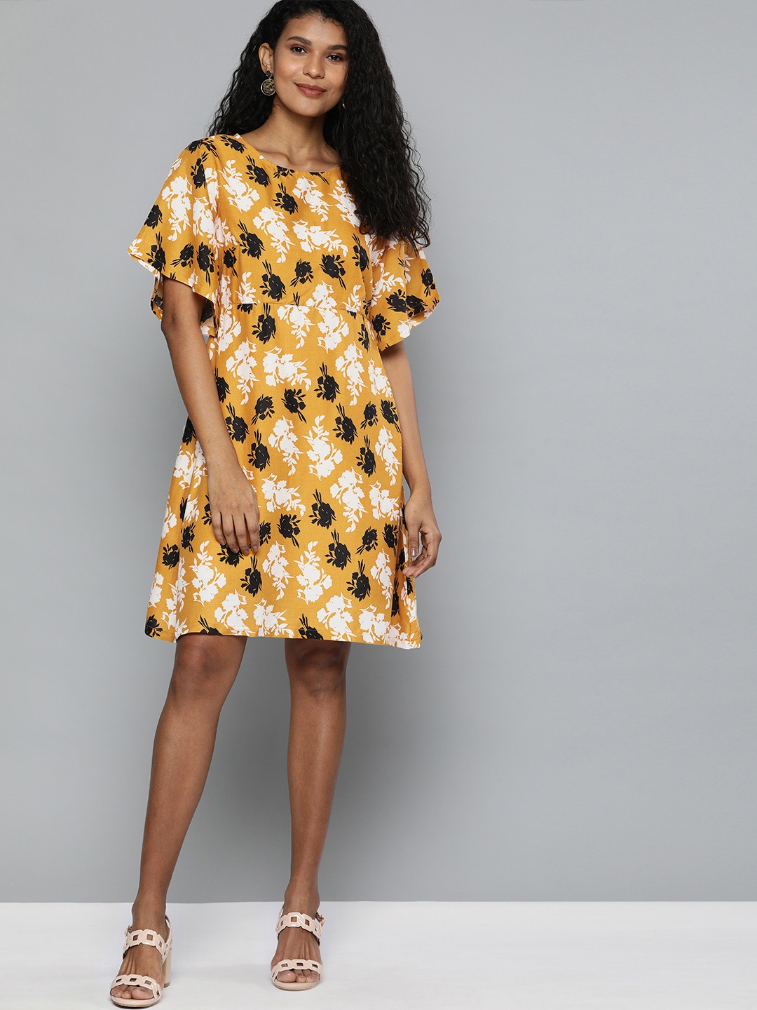 

HERE&NOW Women Mustard Yellow & Black Printed A-Line Dress