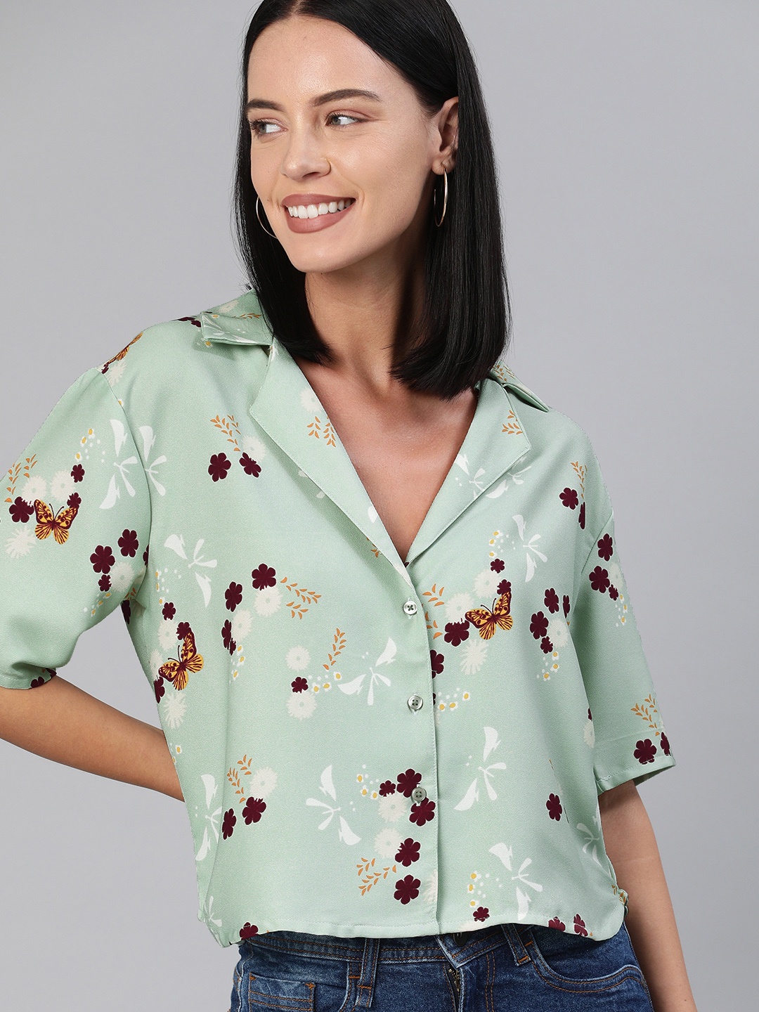 

HERE&NOW Women Green & Cream-Coloured Regular Fit Printed Casual Shirt