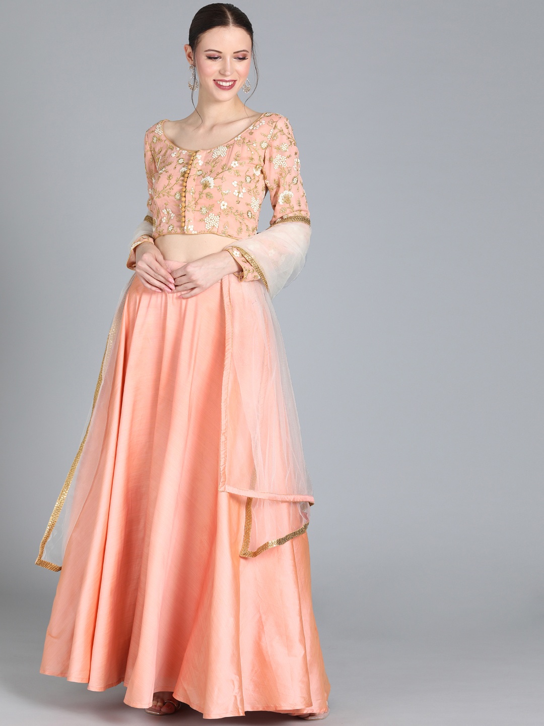 

Ethnovog Peach-Coloured Embroidered Made to Measure Lehenga Blouse with Dupatta