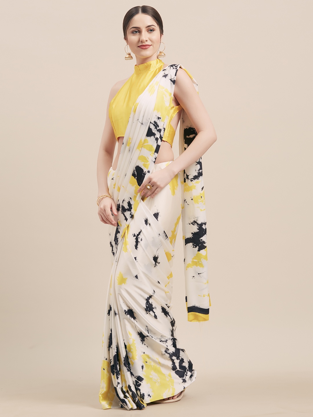 Tikhi Imli White & Yellow Satin Printed Saree
