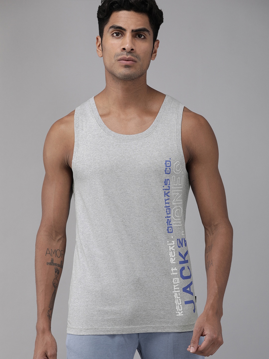 

Jack & Jones Men Grey Melange Printed Innerwear Vest 2114557006