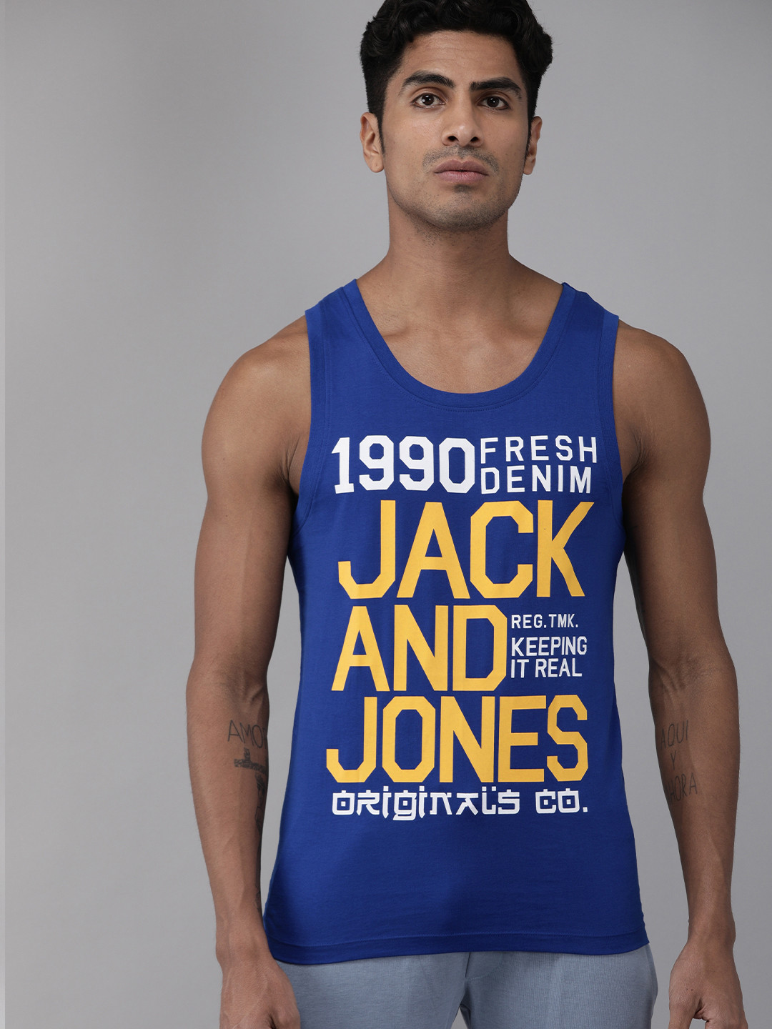 

Jack & Jones Men Blue Printed Innerwear Vest 2114554011