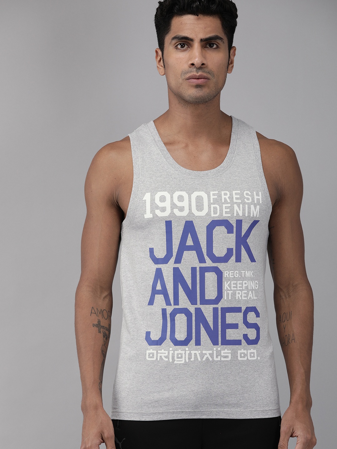 

Jack & Jones Men Grey Melange Printed Innerwear Vest 2114554006