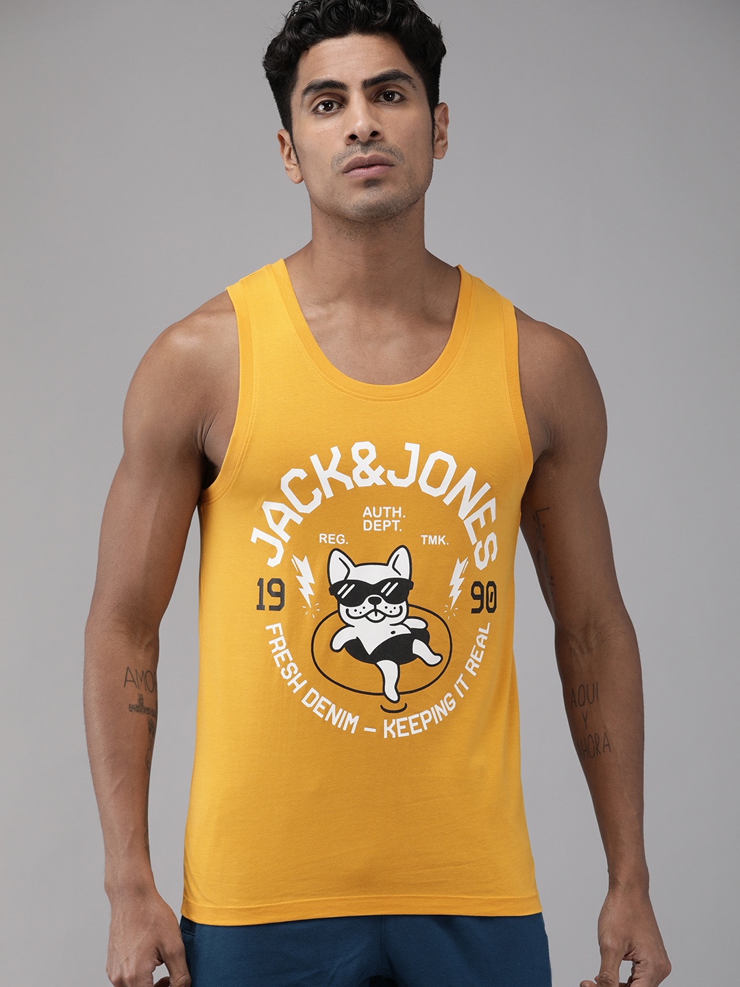 

Jack & Jones Men Mustard Yellow Printed Innerwear Vest 2114556001