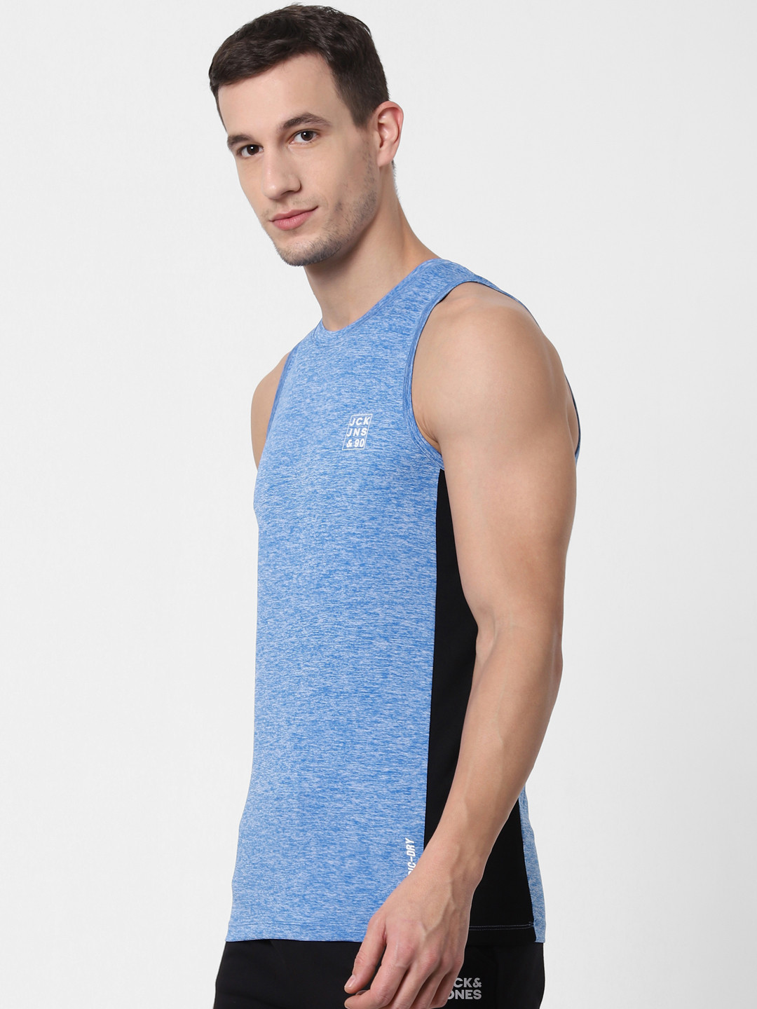 

Jack & Jones Men Blue & Black Solid Meteoric Dry-Fit Knitted Gym Innerwear Vest