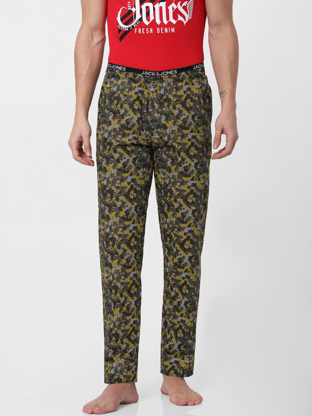 

Jack & Jones Men Green & Yellow Camouflage Printed Lounge Pants