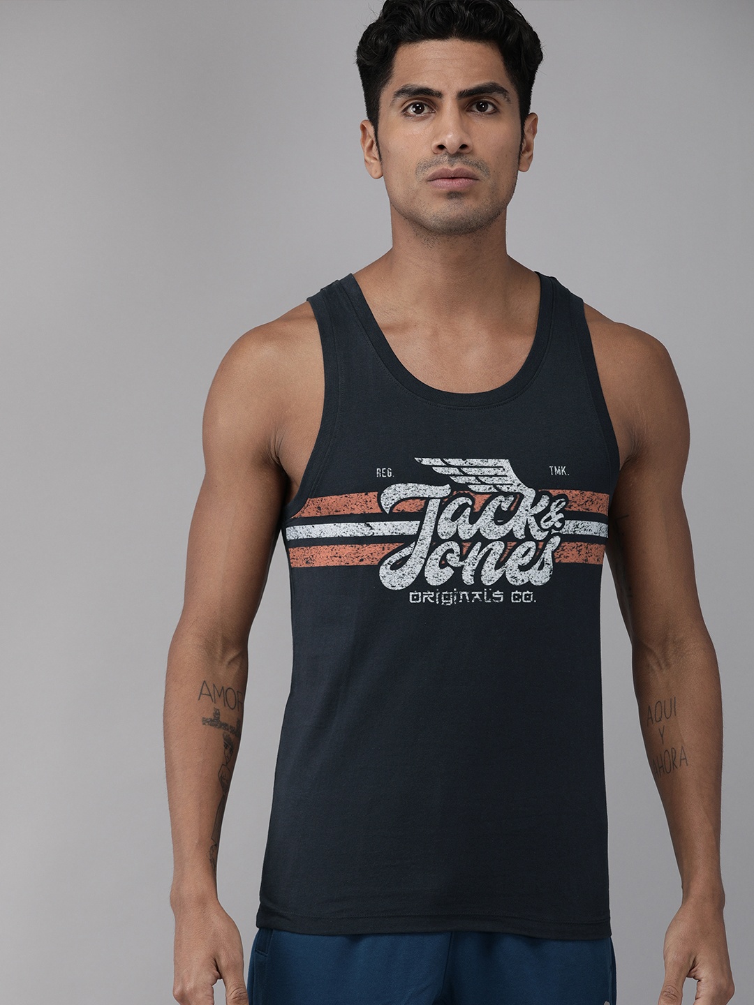 

Jack & Jones Men Navy Blue Printed Innerwear Vest 2114555001