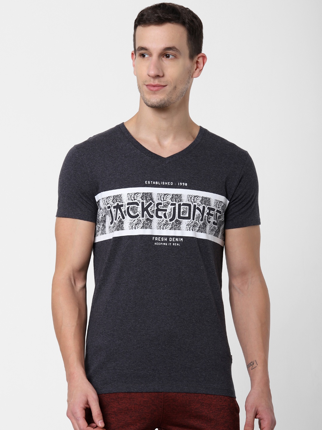 

Jack & Jones Men Grey Printed Round Neck T-shirt