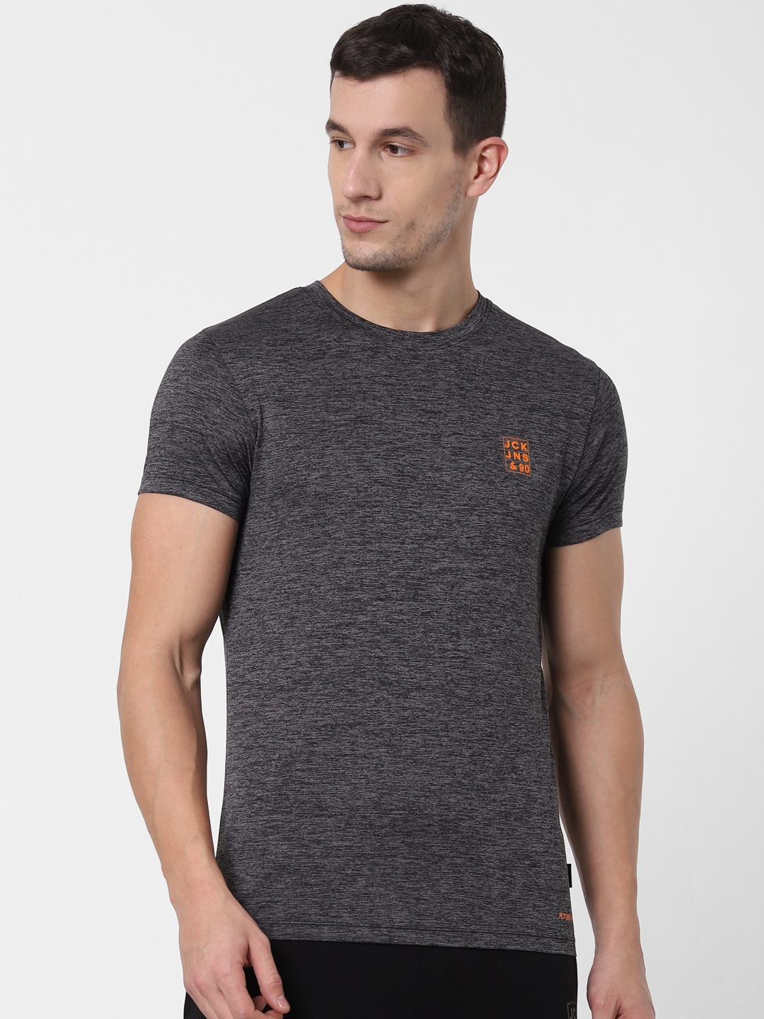 

Jack & Jones Men Grey Melange Printed Round Neck Meteoric Dry Lounge T-shirt