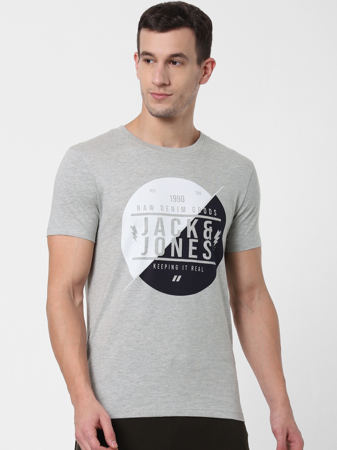 

Jack & Jones Men Grey Melange Printed Round Neck Lounge T-shirt