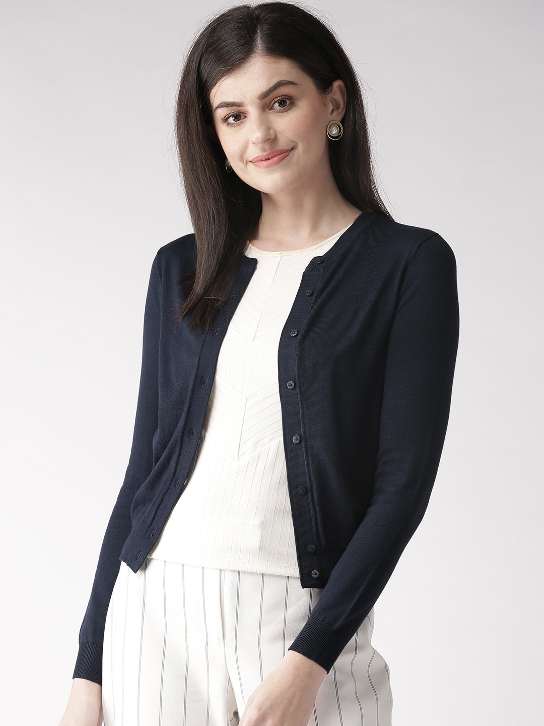 

Marks & Spencer Women Navy Blue Solid Cardigan Sweater